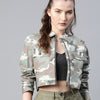 Popnetic Women Green & White Camouflage Print Pure Cotton Crop Jacket