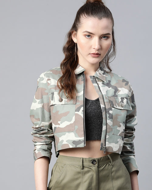 Popnetic Women Green & White Camouflage Print Pure Cotton Crop Jacket