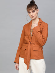 Popnetic Women Rust Orange Solid Casual Pure Cotton Blazer