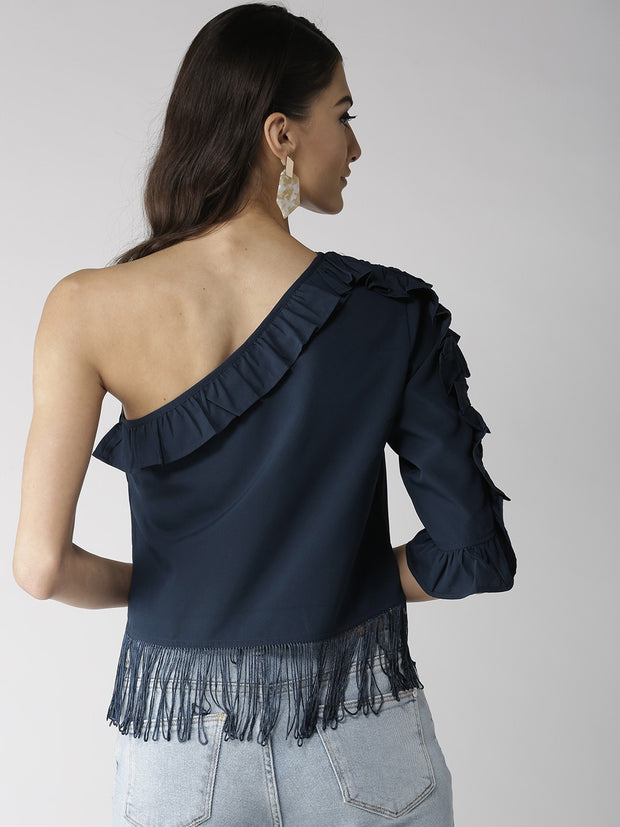 Popnetic Women Blue Self Design Blouson Top