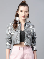 Popnetic Women Grey & White Camouflage Print Pure Cotton Crop Jacket