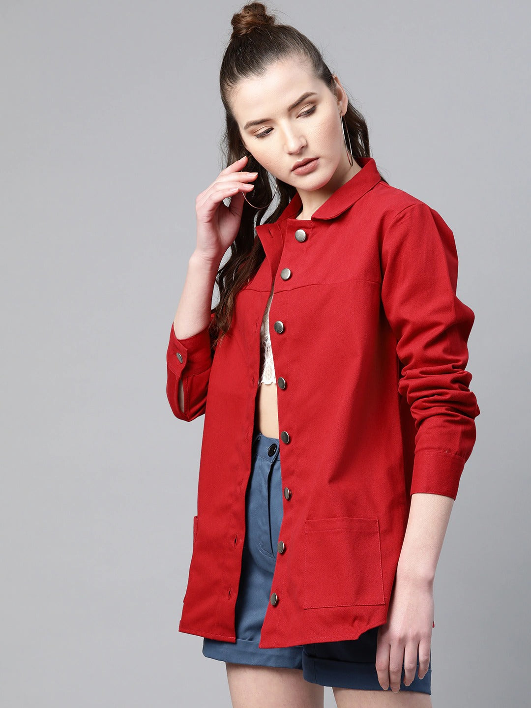 Popnetic Women Red Pure Cotton Solid Shacket