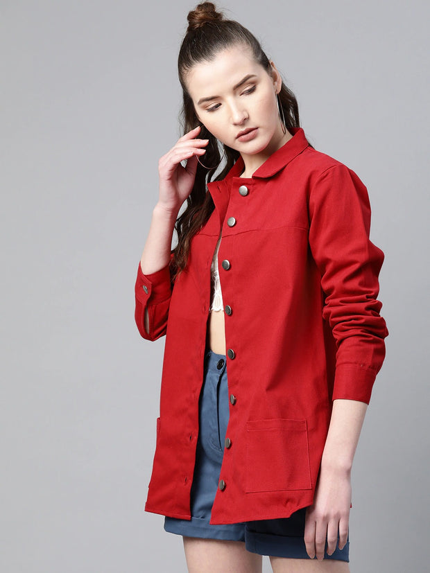 Popnetic Women Red Pure Cotton Solid Shacket