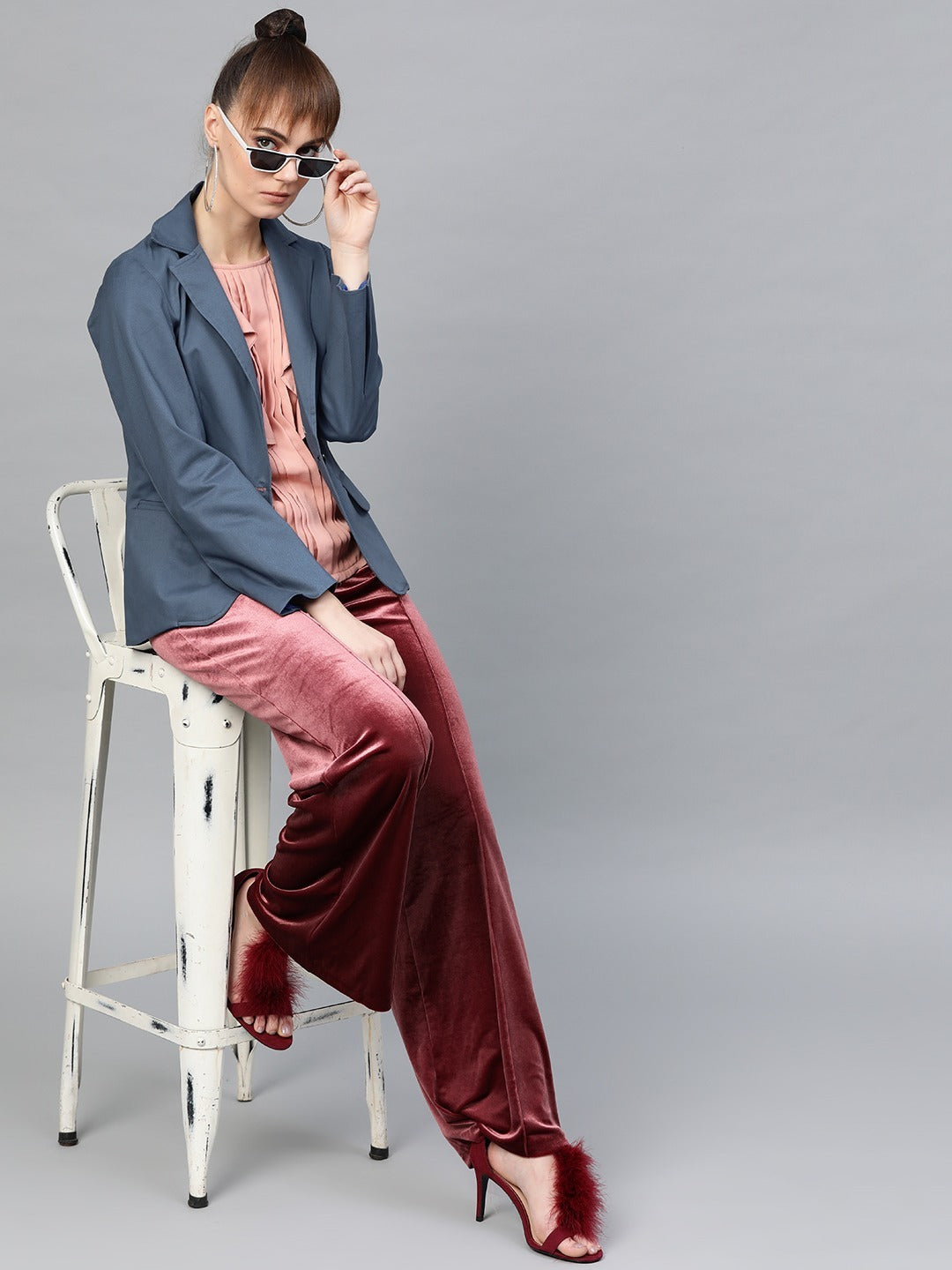 Popnetic Women Blue Solid Casual Pure Cotton Blazer