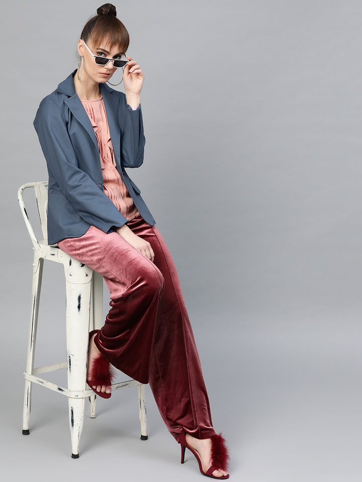 Popnetic Women Blue Solid Casual Pure Cotton Blazer