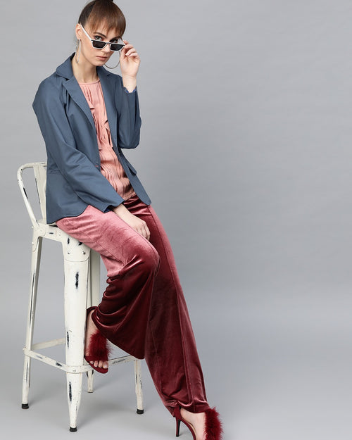 Popnetic Women Blue Solid Casual Pure Cotton Blazer