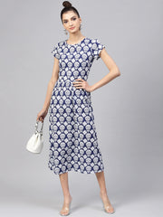 Popnetic Women Navy Blue & White Printed A-Line Dress