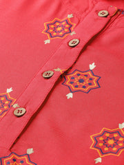 Popnetic Women Coral Red & Navy Blue Block Printed Kurta with Palazzos