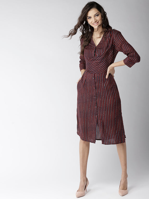Popnetic Women Red & Navy Striped Shirt Dress