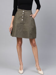 Popnetic Women Olive Green Solid A-Line Skirt