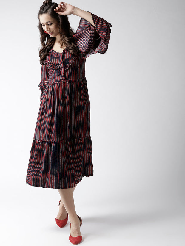 Popnetic Women Navy Blue & Red Striped A-Line Dress