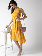 Popnetic Women Yellow & Off-White Printed A-Line Dress