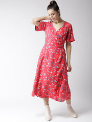 Popnetic Women Pink & Blue Floral Print Wrap Dress