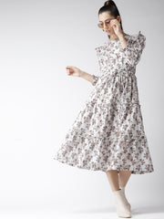 Popnetic Women White & Brown Printed A-Line Dress