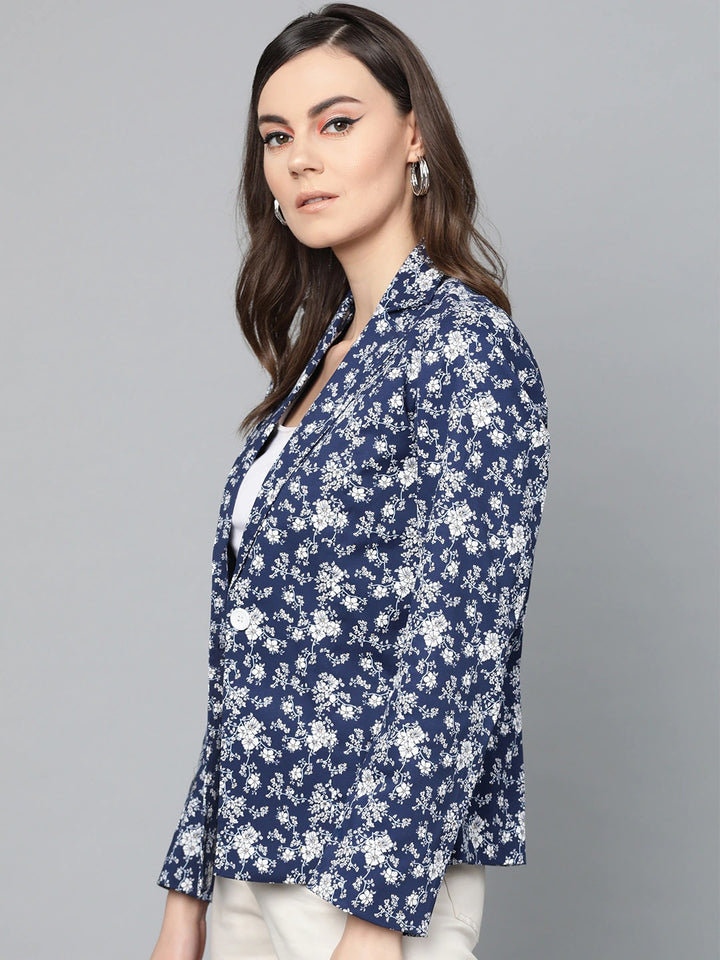 Popnetic Women Navy Blue & White Printed Single Breasted Casual Pure Cotton Blazer
