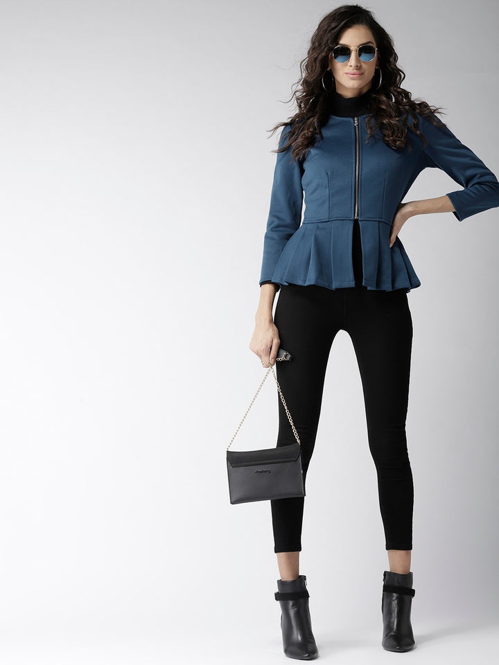 Popnetic Women Teal Blue Solid Peplum Jacket