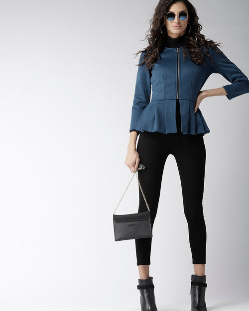 Popnetic Women Teal Blue Solid Peplum Jacket
