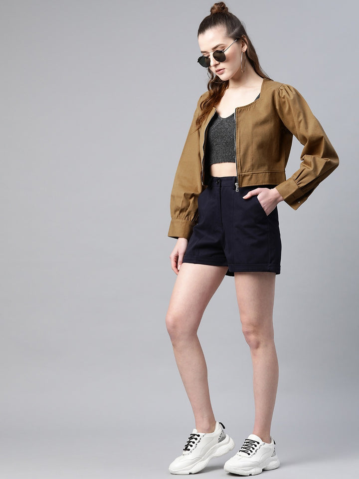 Popnetic Women Khaki Solid Pure Cotton Bolero Jacket