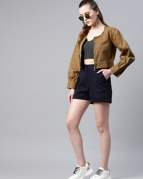 Popnetic Women Khaki Solid Pure Cotton Bolero Jacket