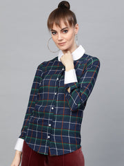 Popnetic Women Navy Blue & Green Regular Fit Checked Casual Shirt