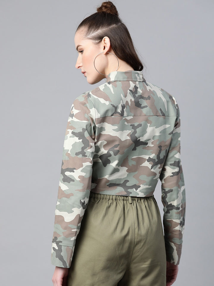 Popnetic Women Green & White Camouflage Print Pure Cotton Crop Jacket