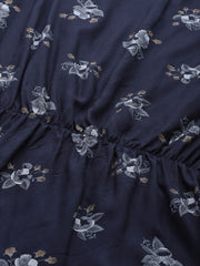 Popnetic Women Navy Blue & Grey Floral Print Pure Cotton Cinched Waist Top