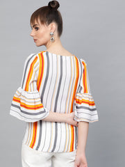 Popnetic Women White & Orange Candy Striped Top