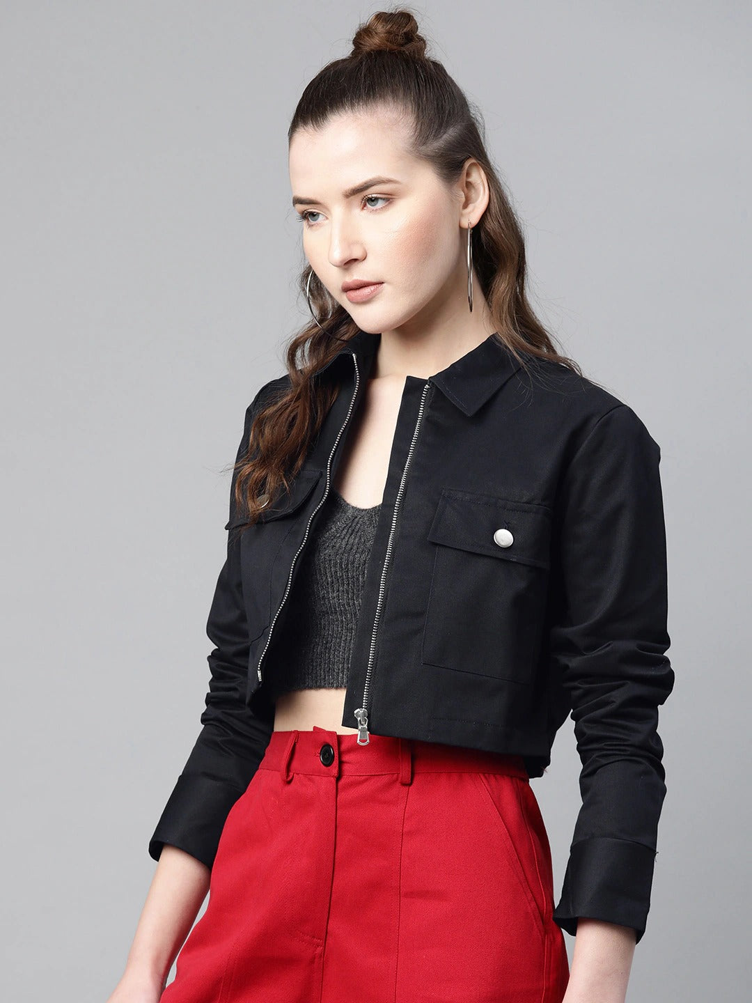 Popnetic Women Black Solid Pure Cotton Crop Jacket
