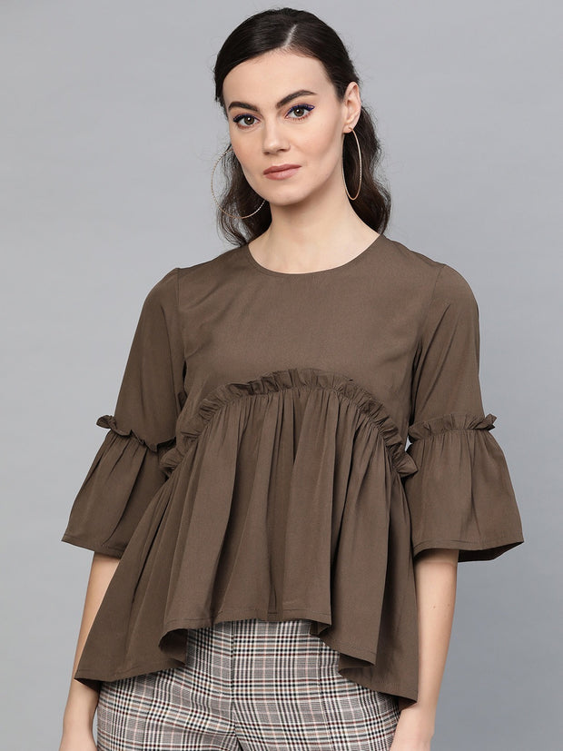 Popnetic Women Olive Brown Solid A-Line Top