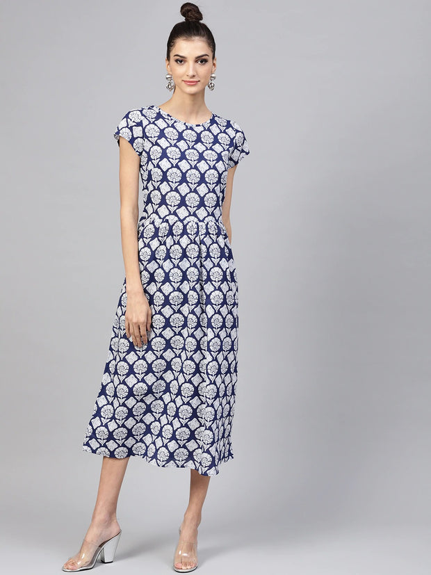 Popnetic Women Navy Blue & White Printed A-Line Dress