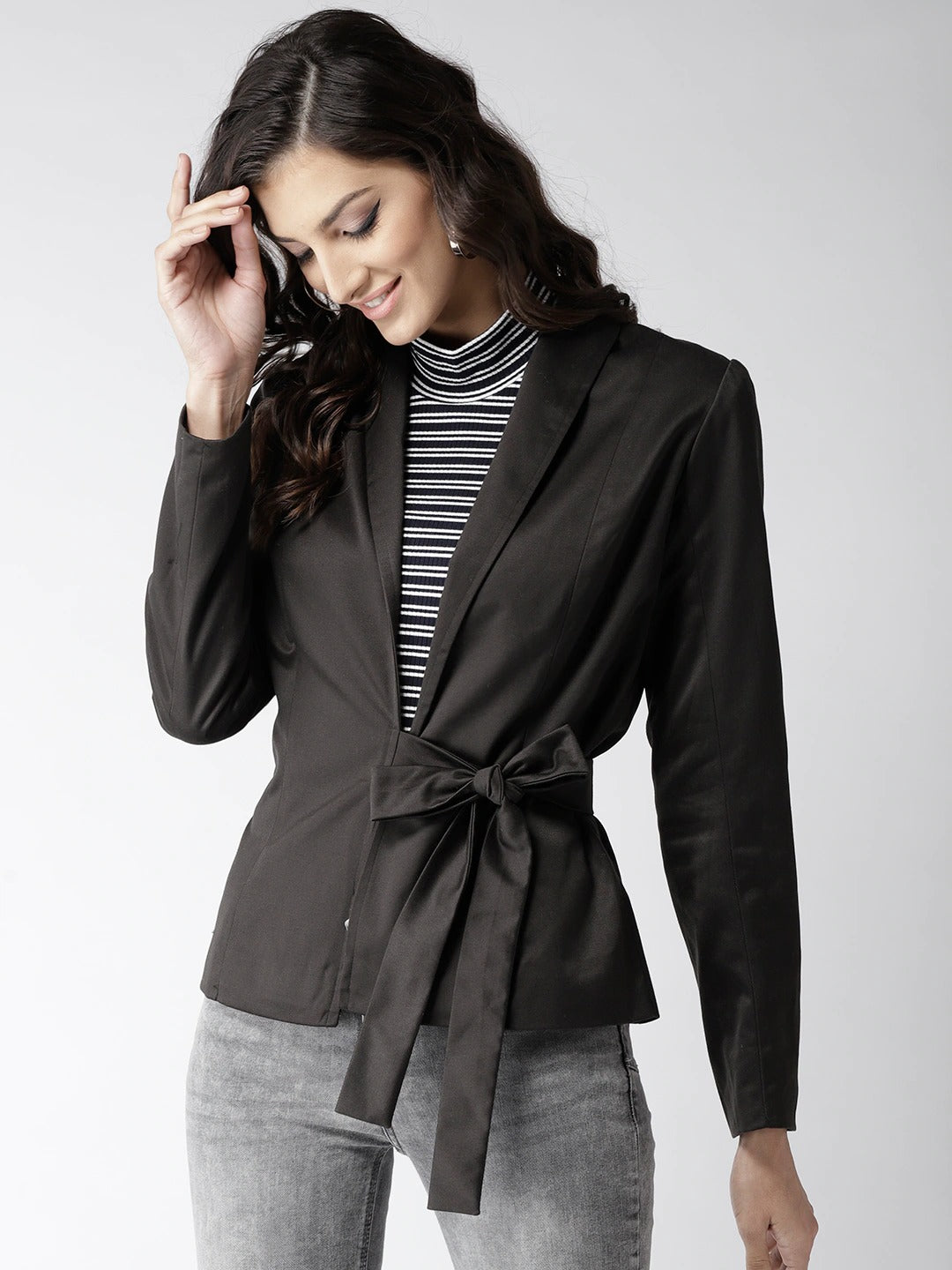 Popnetic Women Black Solid Casual Pure Cotton Blazer
