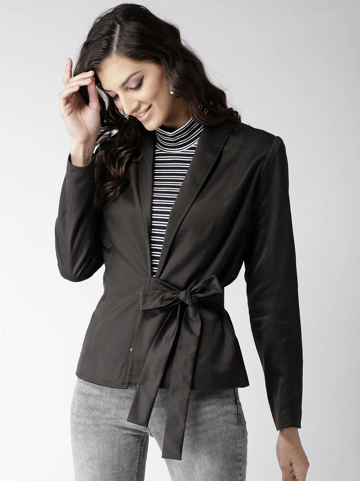 Popnetic Women Black Solid Casual Pure Cotton Blazer
