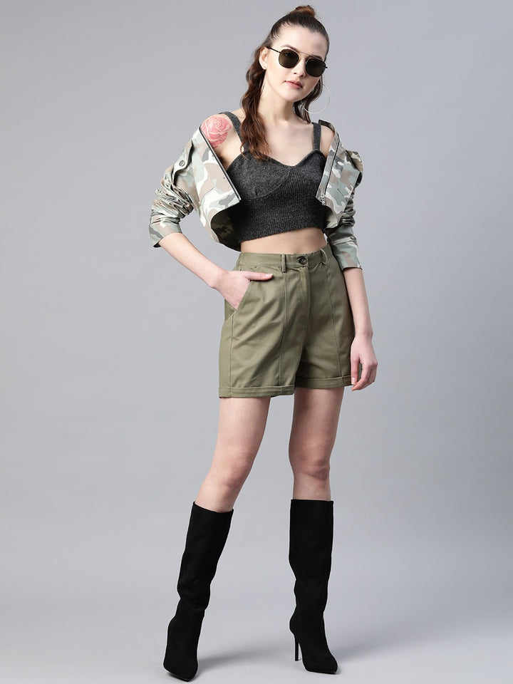 Popnetic Women Olive Green Solid Pure Cotton Regular Shorts