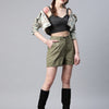Popnetic Women Olive Green Solid Pure Cotton Regular Shorts