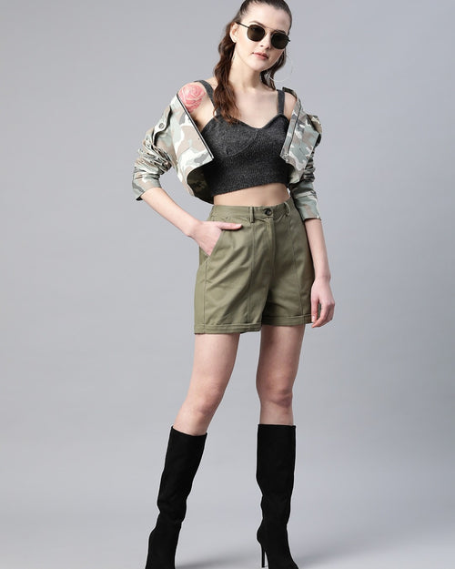 Popnetic Women Olive Green Solid Pure Cotton Regular Shorts