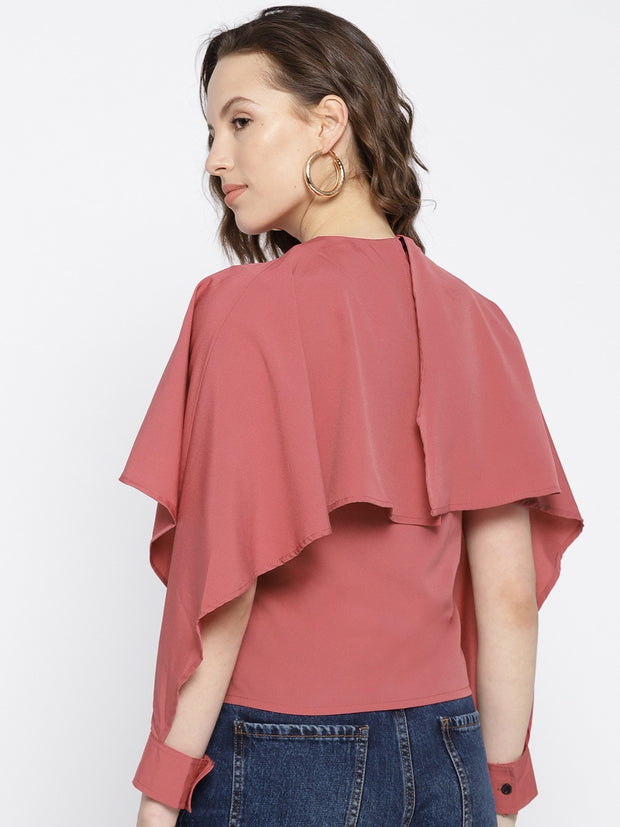 Popnetic Women Coral Pink Solid Cape Top