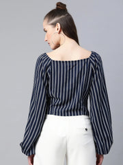 Popnetic Women Navy Blue & White Striped Puff Sleeves Top