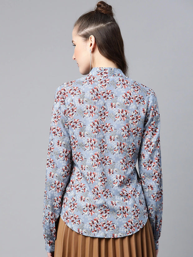 Popnetic Women Blue & Maroon Floral Print Shirt Style Top