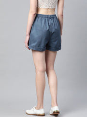 Popnetic Women Blue Solid Regular Fit Pure Cotton Shorts