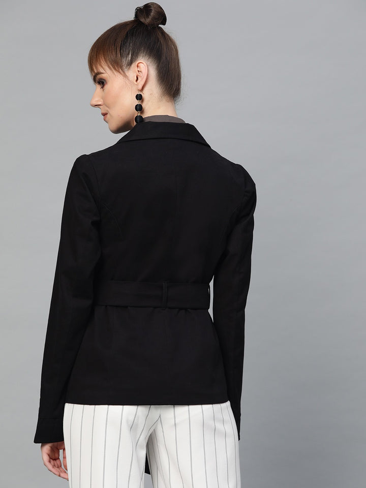 Popnetic Women Black Solid Casual Pure Cotton Blazer