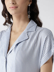 Popnetic Women White & Blue Striped Shirt Dress