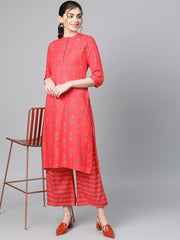 Popnetic Women Coral Red & Navy Blue Block Printed Kurta with Palazzos