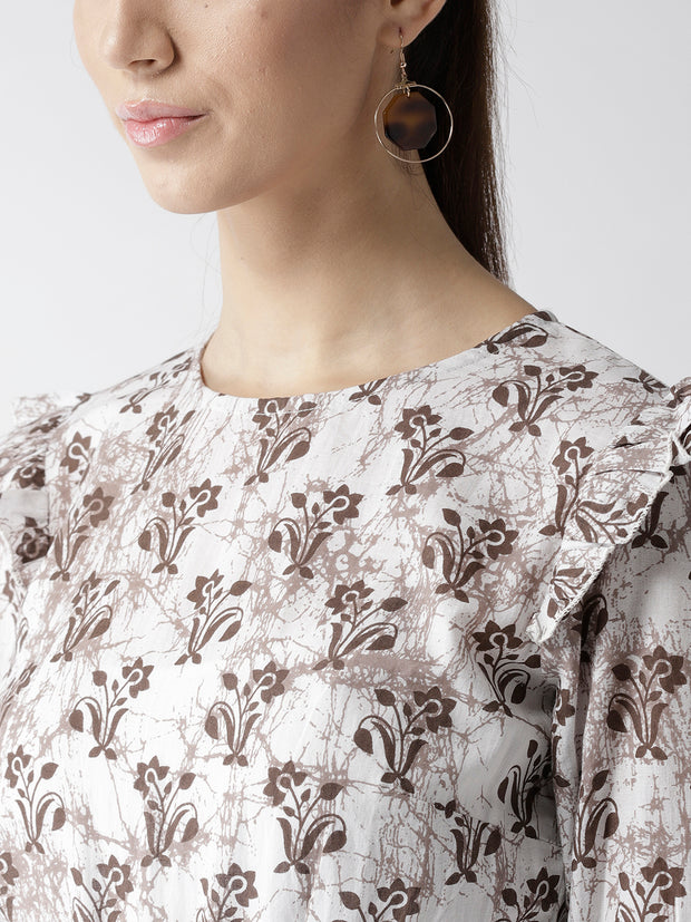 Popnetic Women White & Brown Printed A-Line Dress