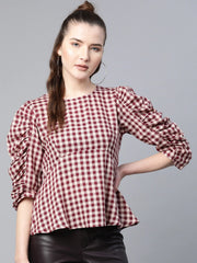 Popnetic Women Maroon & Beige Checked Pure Cotton Styled Back Top