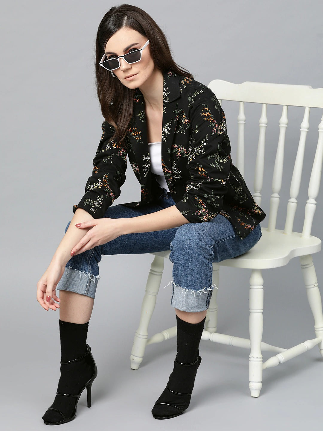 Popnetic Women Black & Green Printed Single Breasted Casual Pure Cotton Blazer