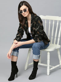 Popnetic Women Black & Green Printed Single Breasted Casual Pure Cotton Blazer