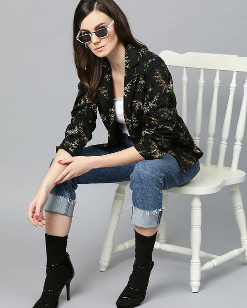 Popnetic Women Black & Green Printed Single Breasted Casual Pure Cotton Blazer