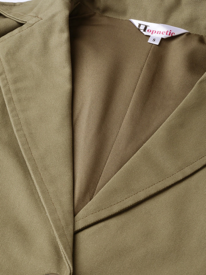 Popnetic Women Olive Green Solid Casual Pure Cotton Blazer