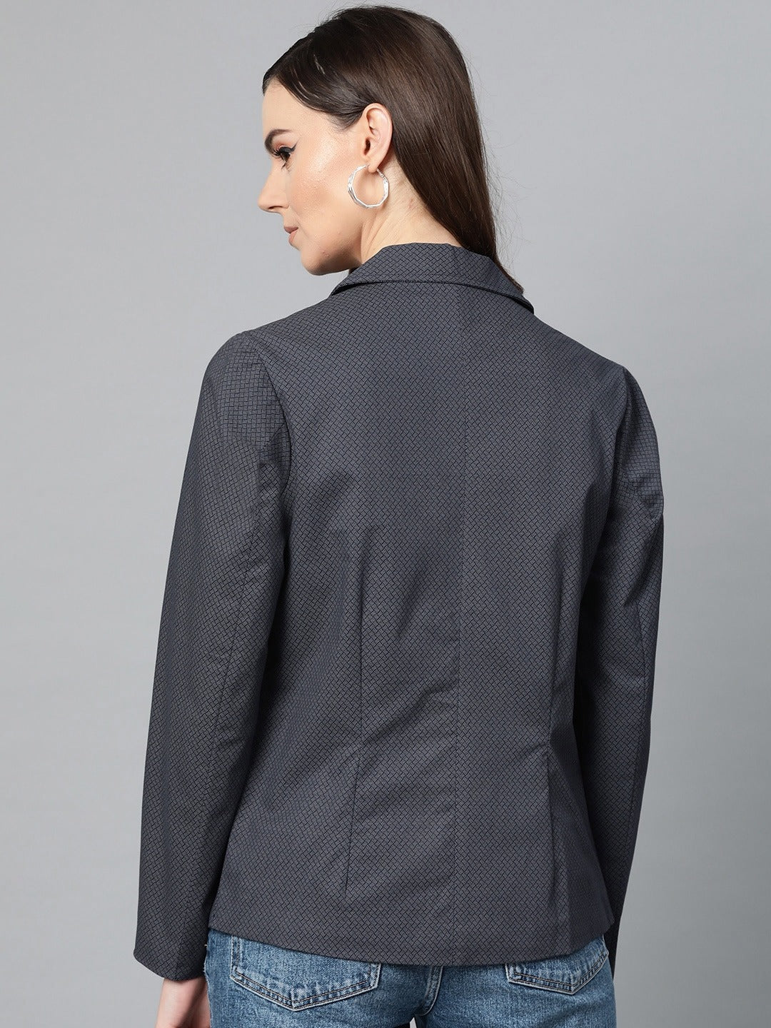 Popnetic Women Charcoal Grey & Black Printed Single Breasted Casual Pure Cotton Blazer