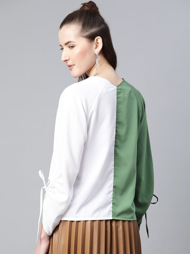 Popnetic Women White & Green Colourblocked Shirt Style Top